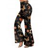 Pantalon évasé de vacances imprimé papillon floral et feuilles, pantalon long taille haute élastique - Noir XXL | US 14