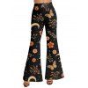 Pantalon évasé de vacances imprimé papillon floral et feuilles, pantalon long taille haute élastique - Noir XXL | US 14
