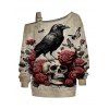 Sweat-shirt gothique à imprimé tête de mort, papillon, corbeau, sangle à boucle, col incliné - Bronze XXL | US 14
