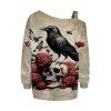 Sweat-shirt gothique à imprimé tête de mort, papillon, corbeau, sangle à boucle, col incliné - Bronze XXL | US 14
