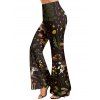 Pantalon évasé de vacances imprimé cerf, feuilles florales, forêt, taille haute, élastique, long - Noir XXL | US 14
