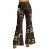 Pantalon évasé de vacances imprimé cerf, feuilles florales, forêt, taille haute, élastique, long - Noir XXL | US 14