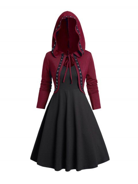 Ensemble haut à capuche gothique à œillets et robe caraco trapèze sans manches de couleur unie