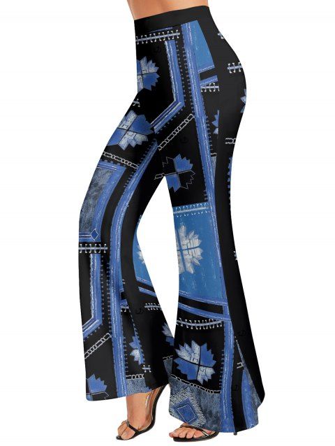 Pantalon évasé bohème à imprimé floral color-block, taille haute élastique, pantalon long
