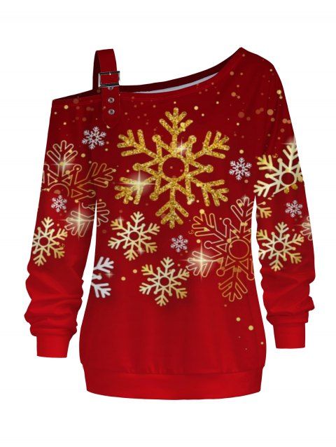 Christmas Sweatshirt Snowflake Print Buckle Strap Skew Neck Sweatshirt