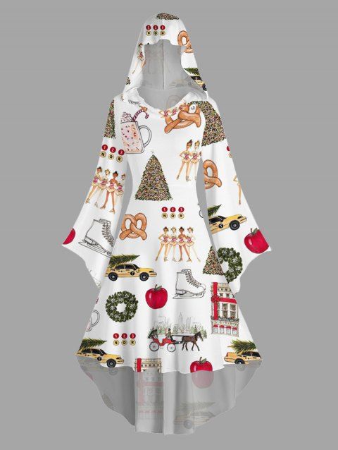 Robe à capuche de vacances, imprimé éléments de Noël, robe à capuche haute et basse