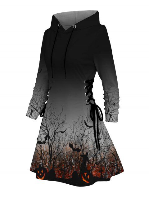 Robe à capuche gothique Robe à lacets à imprimé citrouille et chauve-souris pour la nuit d'Halloween