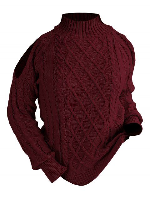 Pull de couleur unie en tricot torsadé à épaules dénudées et col montant