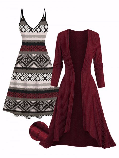 Ethnic Geometric Print Dress and Textured Open Front Long Top Set