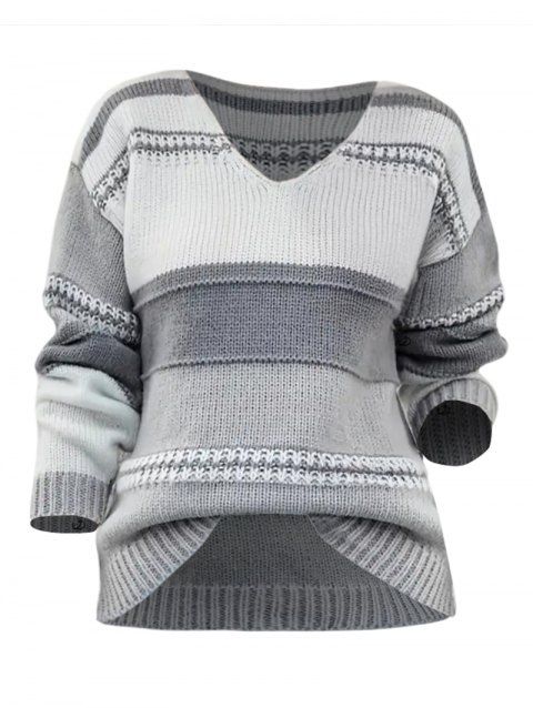 Pull tricoté colorblock, col en V, épaules tombantes, manches longues