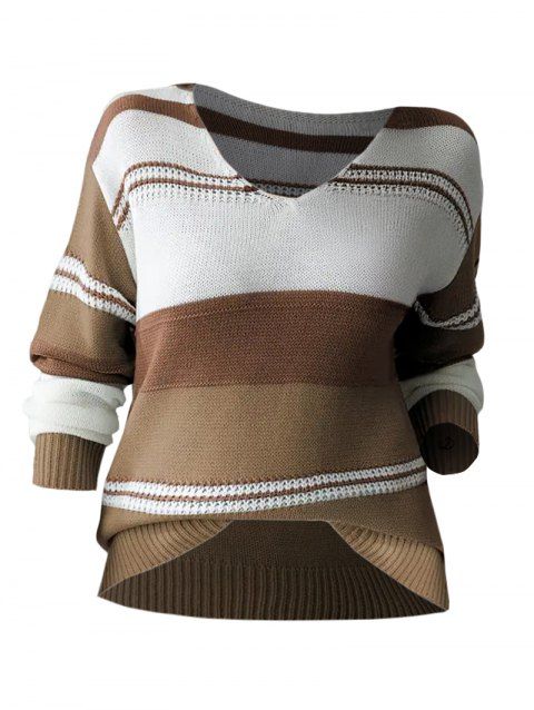 Pull tricoté colorblock, col en V, épaules tombantes, manches longues