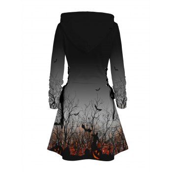 Gothic Hoodie Dress Halloween Night Pumpkin Bat Print Lace Up Dress
