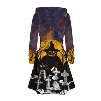 Gothic Hoodie Dress Halloween Night Skull Ghost Cross Print Lace Up Dress