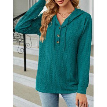 Solid Color Cable Knit Hoodie Top Drawstring Long Sleeve Pullover Top