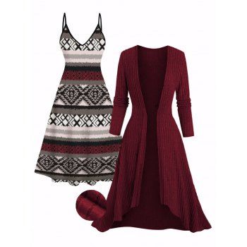 Ethnic Geometric Print Dress and Textured Open Front Long Top Set