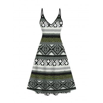 Ethnic Geometric Print Dress and Textured Open Front Long Top Set