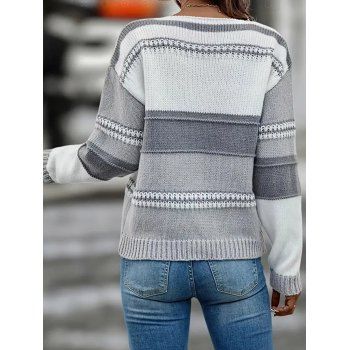 Colorblock Knitted Sweater V Neck Drop Shoulder Long Sleeve Sweater
