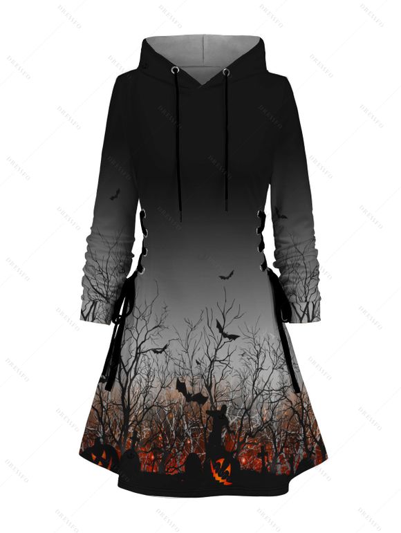 Robe à capuche gothique Robe à lacets à imprimé citrouille et chauve-souris pour la nuit d'Halloween - Noir M | US 6