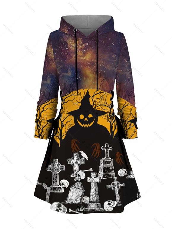 Robe à capuche gothique à lacets avec imprimé tête de mort, fantôme et croix pour Halloween - Noir M | US 6