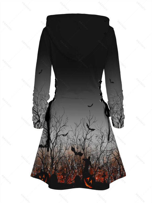 Robe à capuche gothique Robe à lacets à imprimé citrouille et chauve-souris pour la nuit d'Halloween - Noir M | US 6
