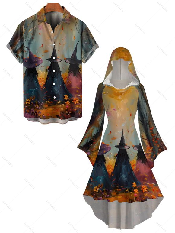 Halloween Couple Outfit Wizard Forest Print High Low Hoodie Dress and Shirt Set - Brun Légère S | US 4