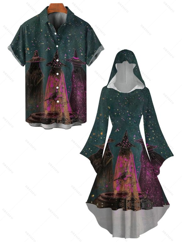 Halloween Couple Outfit Wizard Forest Print High Low Hoodie Dress and Shirt Set - Paon Bleu S | US 4