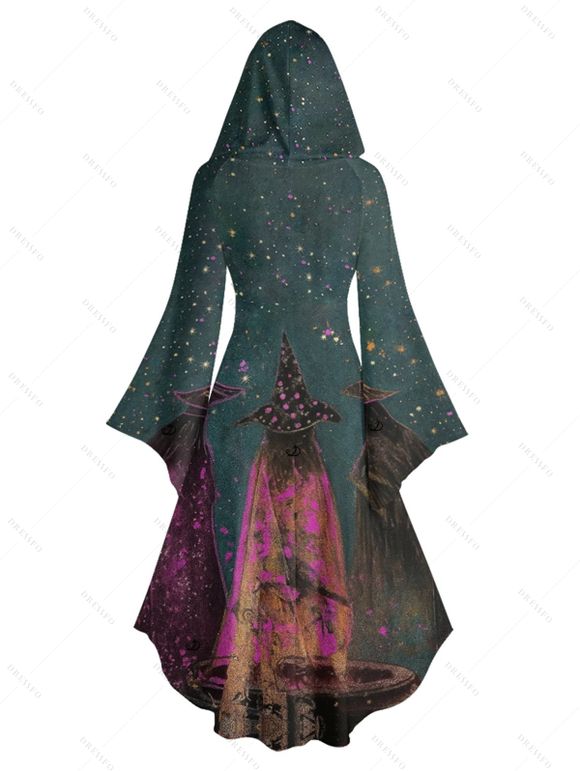 Halloween Couple Outfit Wizard Forest Print High Low Hoodie Dress and Shirt Set - Paon Bleu S | US 4