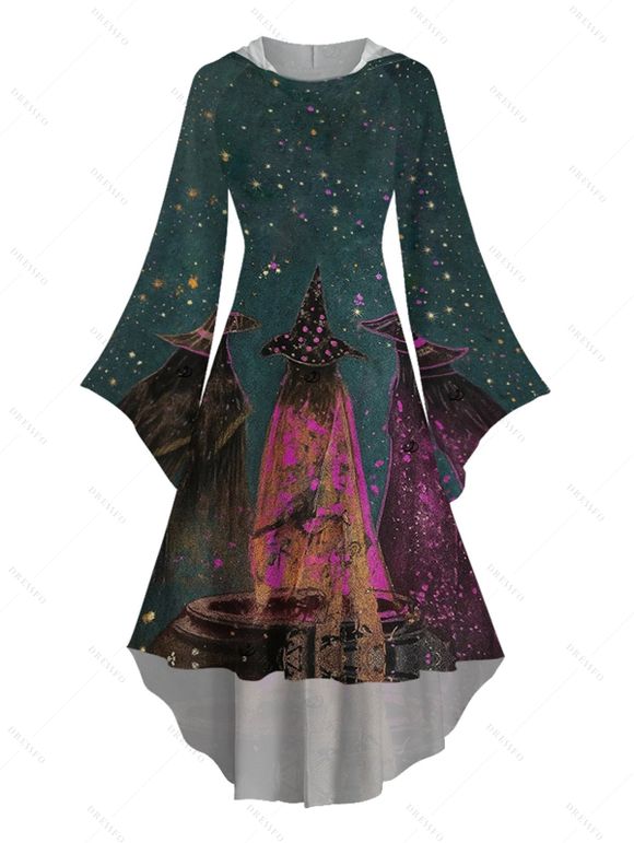 Halloween Couple Outfit Wizard Forest Print High Low Hoodie Dress and Shirt Set - Paon Bleu S | US 4