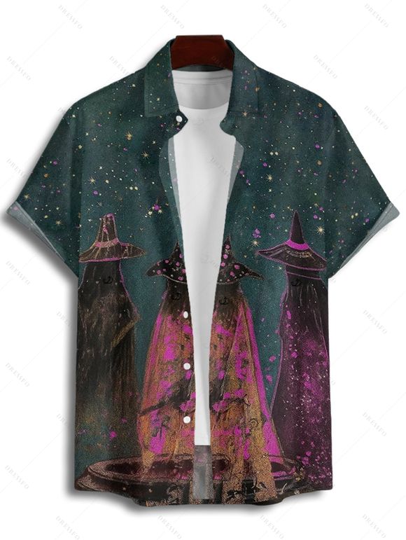 Halloween Couple Outfit Wizard Forest Print High Low Hoodie Dress and Shirt Set - Paon Bleu S | US 4