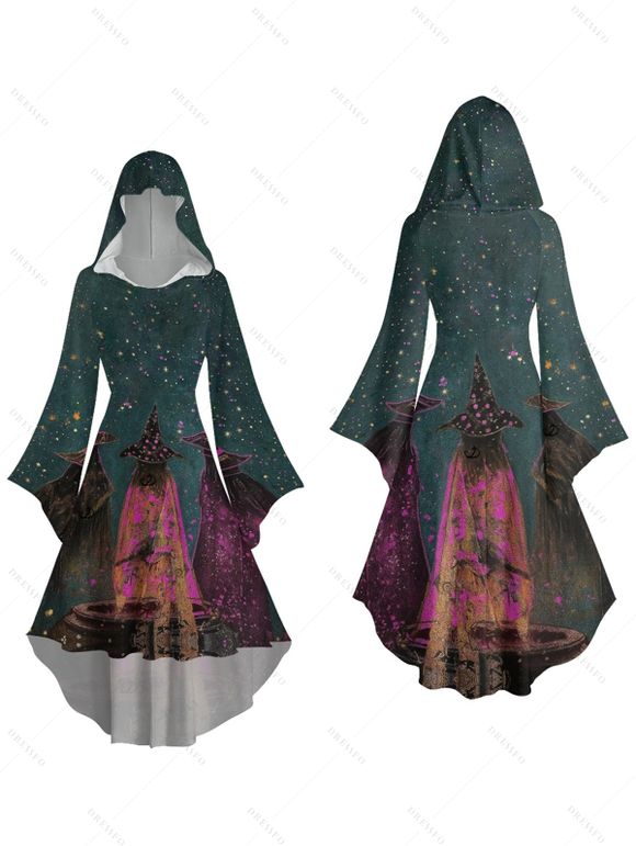 Robe à capuche d'Halloween à imprimé forêt de sorciers - Paon Bleu XXL | US 14