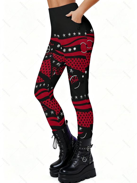 Leggings gothiques à imprimé 3D colorblock, taille haute élastique et skinny - Rouge Vineux XXL | US 14