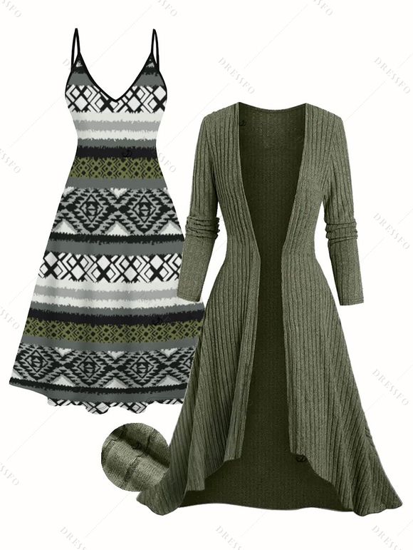 Ensemble robe à imprimé géométrique ethnique et haut long texturé ouvert sur le devant - Vert Armée XXL | US 14