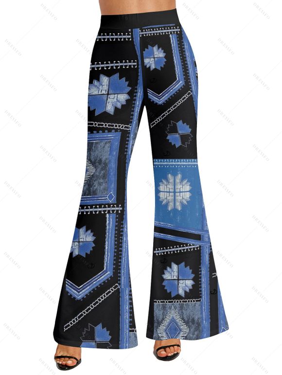 Pantalon évasé bohème à imprimé floral color-block, taille haute élastique, pantalon long - Bleu M | US 6