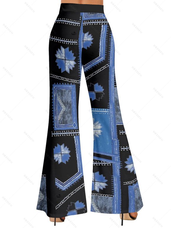 Pantalon évasé bohème à imprimé floral color-block, taille haute élastique, pantalon long - Bleu M | US 6