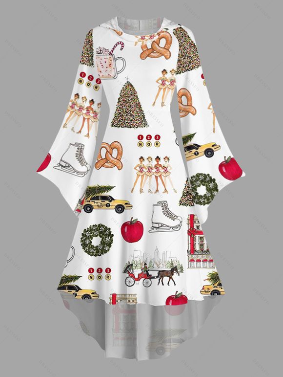 Robe à capuche de vacances, imprimé éléments de Noël, robe à capuche haute et basse - Blanc M | US 6