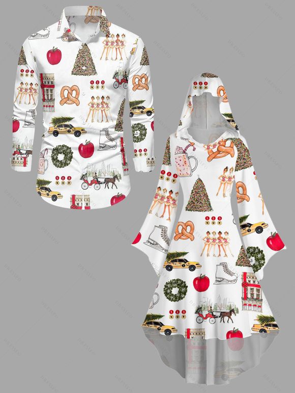 Holiday Couple Outfit Christmas Elements Print High Low Hoodie Dress and Shirt Set - Blanc S | US 4