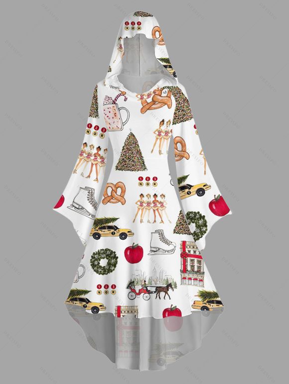 Holiday Couple Outfit Christmas Elements Print High Low Hoodie Dress and Shirt Set - Blanc S | US 4