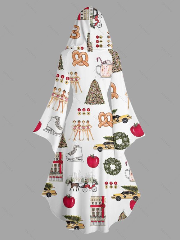Holiday Couple Outfit Christmas Elements Print High Low Hoodie Dress and Shirt Set - Blanc S | US 4