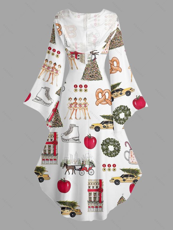 Holiday Couple Outfit Christmas Elements Print High Low Hoodie Dress and Shirt Set - Blanc S | US 4
