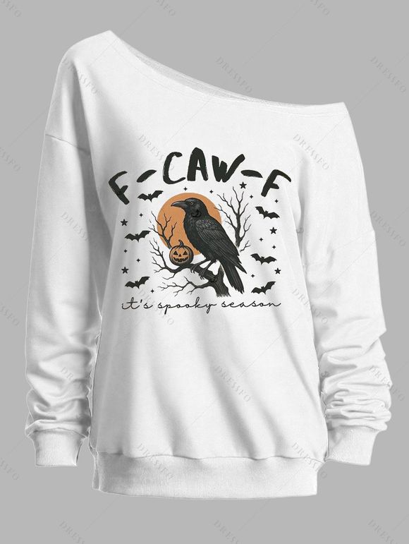 Sweat-shirt d'Halloween à imprimé lettre Raven Pumpkin Bat et col incliné - Blanc XXL | US 14