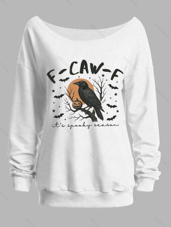 Sweat-shirt d'Halloween F-CAW-F Sweat-shirt à col incliné imprimé corbeau, citrouille et chauve-souris - Blanc XXL | US 14