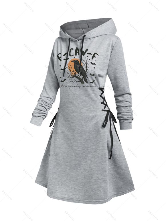 Robe à capuche d'Halloween à lacets avec imprimé de lettres, de corbeau, de citrouille et de chauve-souris - Gris Clair XXL | US 14