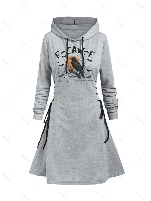 Robe à capuche d'Halloween F-CAW-F Robe à capuche à lacets avec imprimé corbeau, citrouille et chauve-souris - Gris Clair XXL | US 14