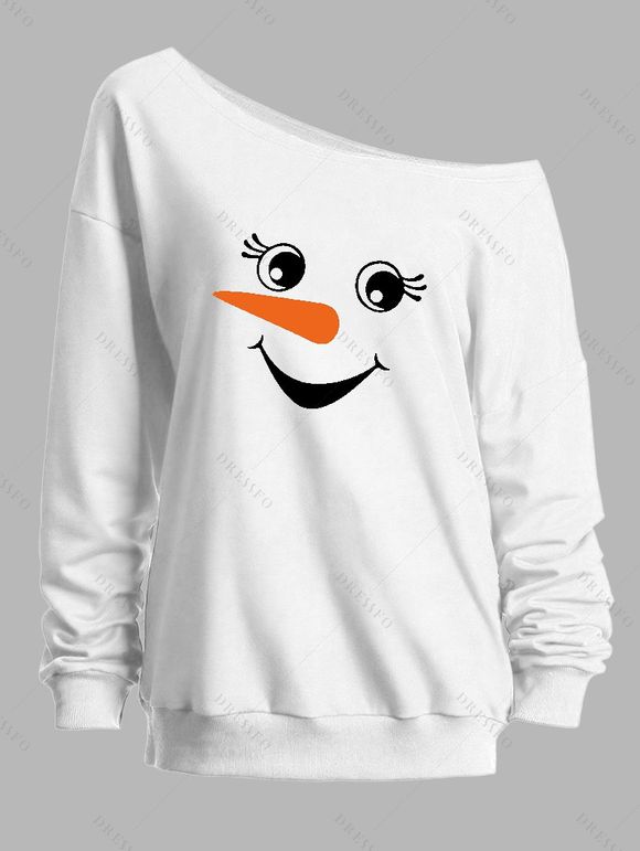 Sweat-shirt de Noël mignon à imprimé bonhomme de neige et col incliné - Blanc XXL | US 14