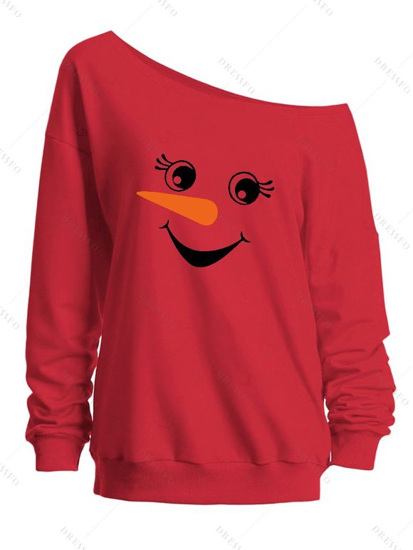 Sweat-shirt de Noël mignon à imprimé bonhomme de neige et col incliné - Rouge XXL | US 14