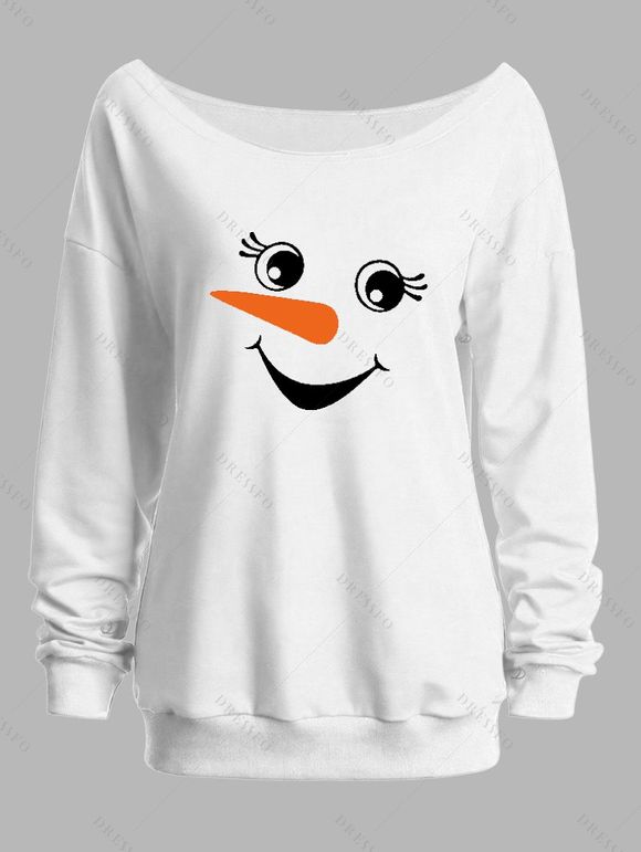 Sweat-shirt de Noël mignon à imprimé bonhomme de neige et col incliné - Blanc XXL | US 14
