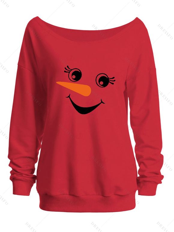 Sweat-shirt de Noël mignon à imprimé bonhomme de neige et col incliné - Rouge XXL | US 14