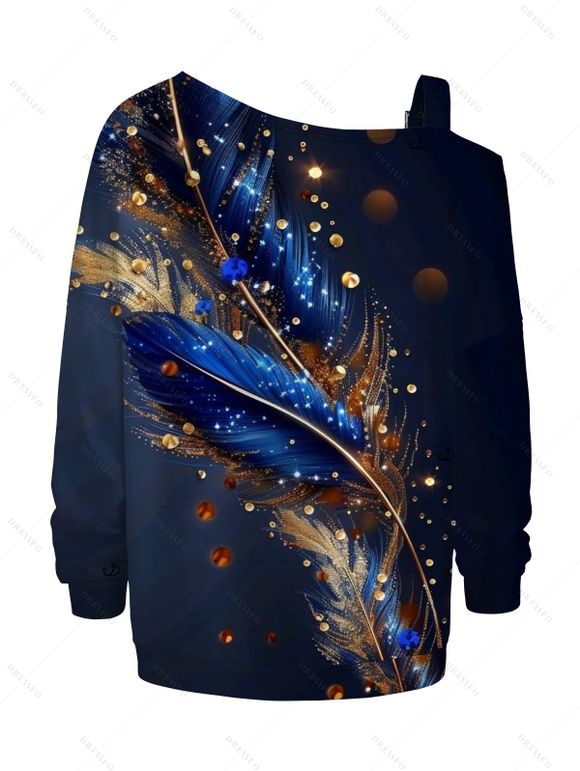 Sweat-shirt à imprimé plumes, feuilles et pois, avec boucle et col incliné - Bleu de Minuit M | US 6