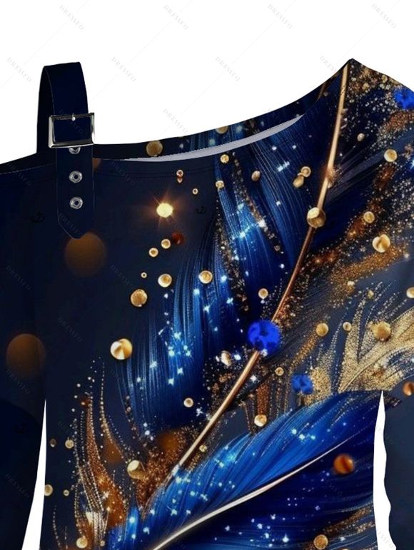 Sweat-shirt à imprimé plumes, feuilles et pois, avec boucle et col incliné - Bleu de Minuit M | US 6