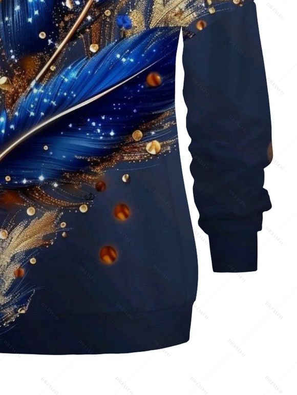 Sweat-shirt à imprimé plumes, feuilles et pois, avec boucle et col incliné - Bleu de Minuit M | US 6